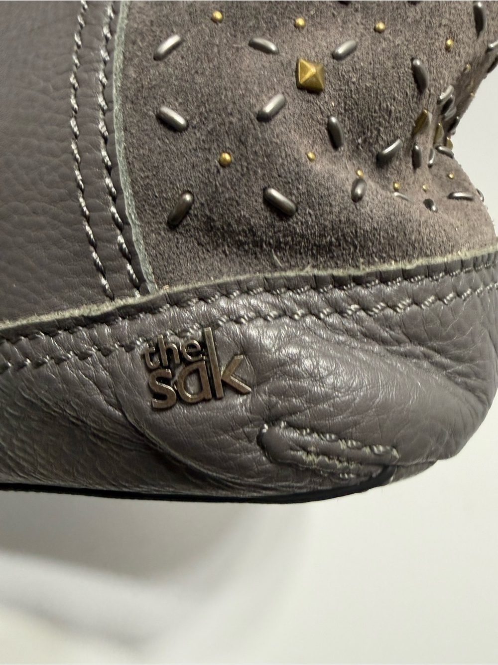 The Sak Gray, Leather, Studded, Hobo Shoulder Bag, Spacious Interior, Beautiful - Picture 2 of 12